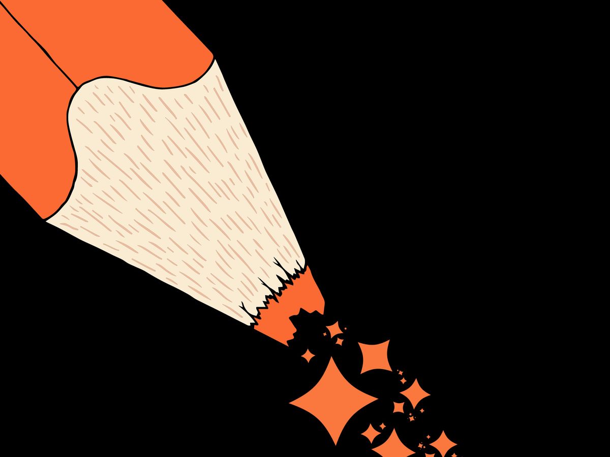 Illustration of the tip of a pencil breaking. The shattered graphite pieces resemble sparkles frequently used for AI applications.