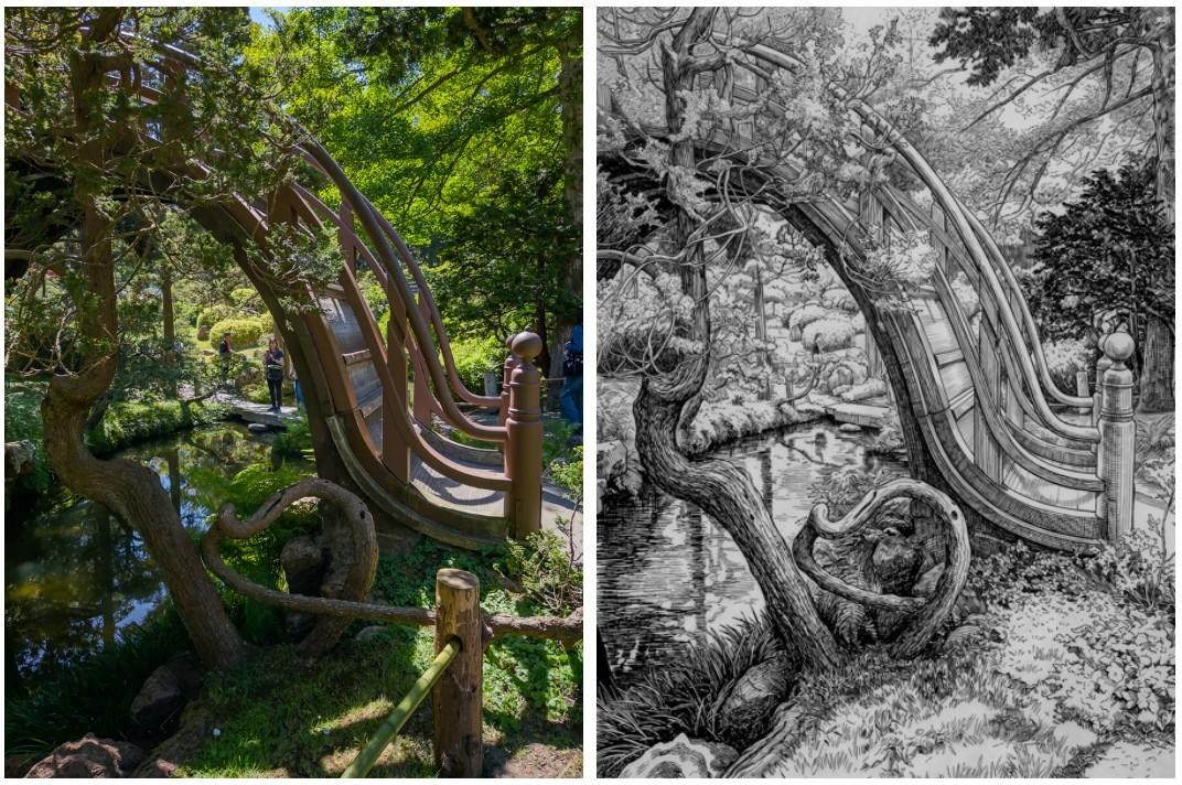 A before and after image showing a Photograph of a bridge that has been manipulated with AI to look like a sketch.