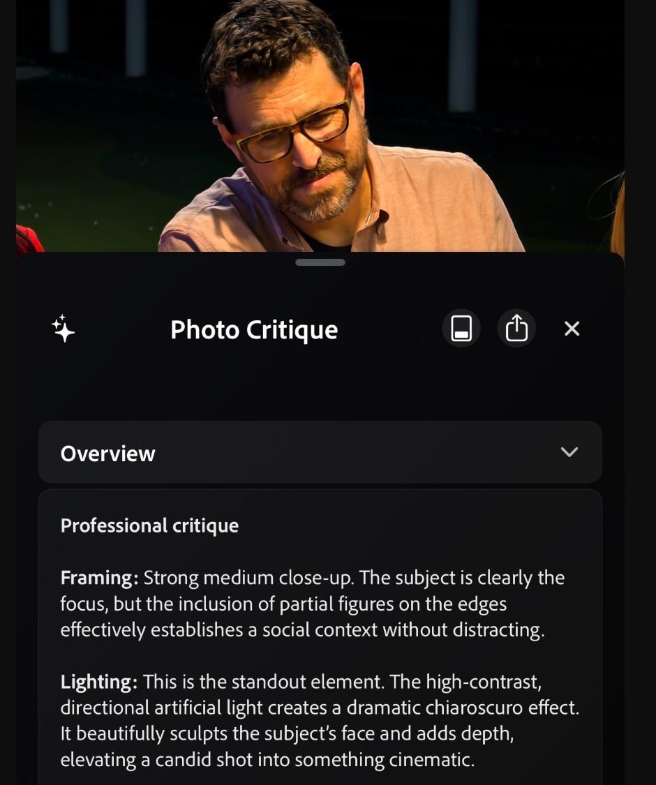 An example of the AI feedback feature in Adobe’s Indigo camera app.