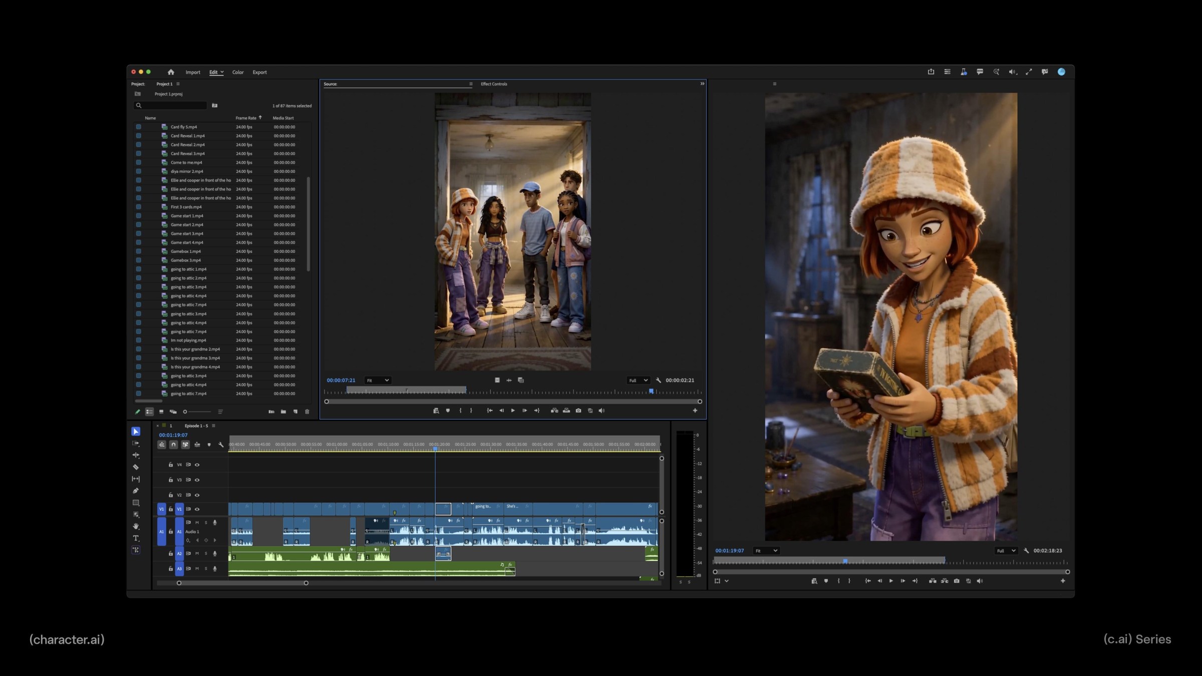Different clips and audio tracks for an animated microdrama being edited together in postproduction software.