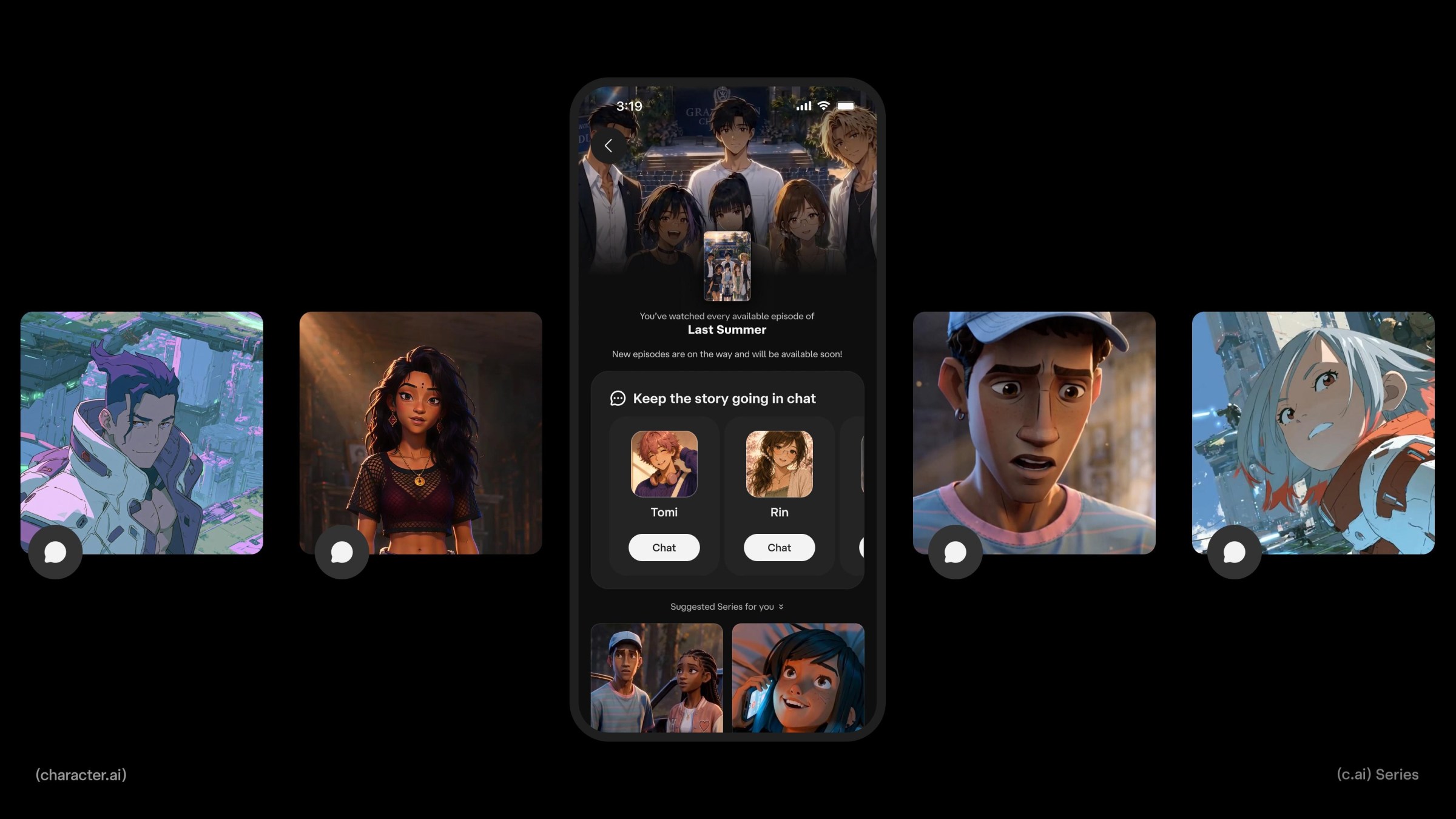A mockup of Character.AI’s series tab in which the user is being asked if they would like to chat with a character from a show.