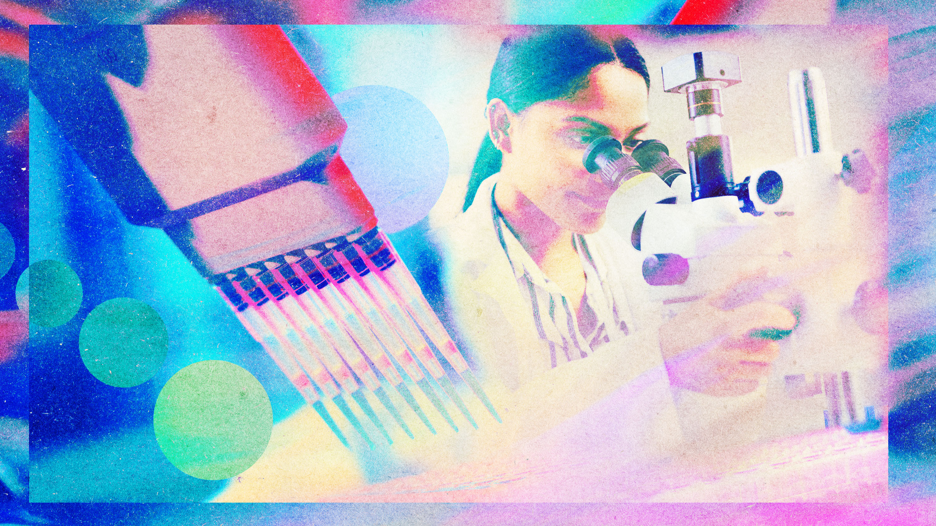 illustration of a researcher looking into a microscope and a multichannel pipette