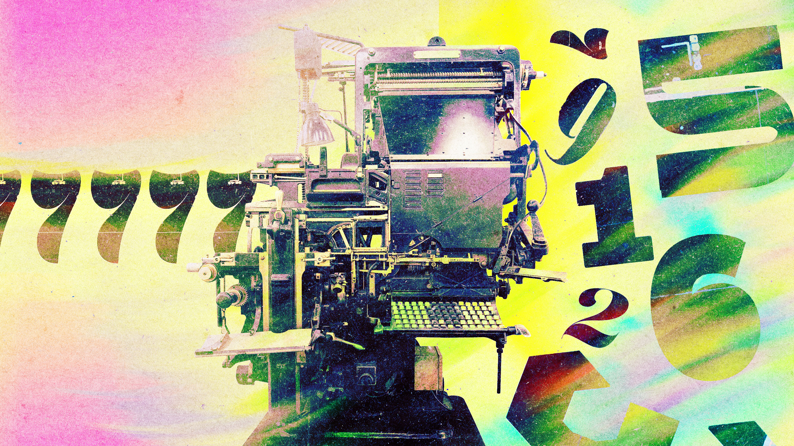 A photo illustration shows a vintage machine with repetitive numbers going in one side, and randomized numbers coming out the other side.